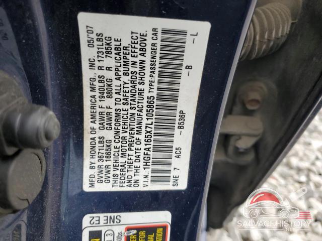 1HGFA165X7L105865 2007 HONDA CIVIC photo no. 12