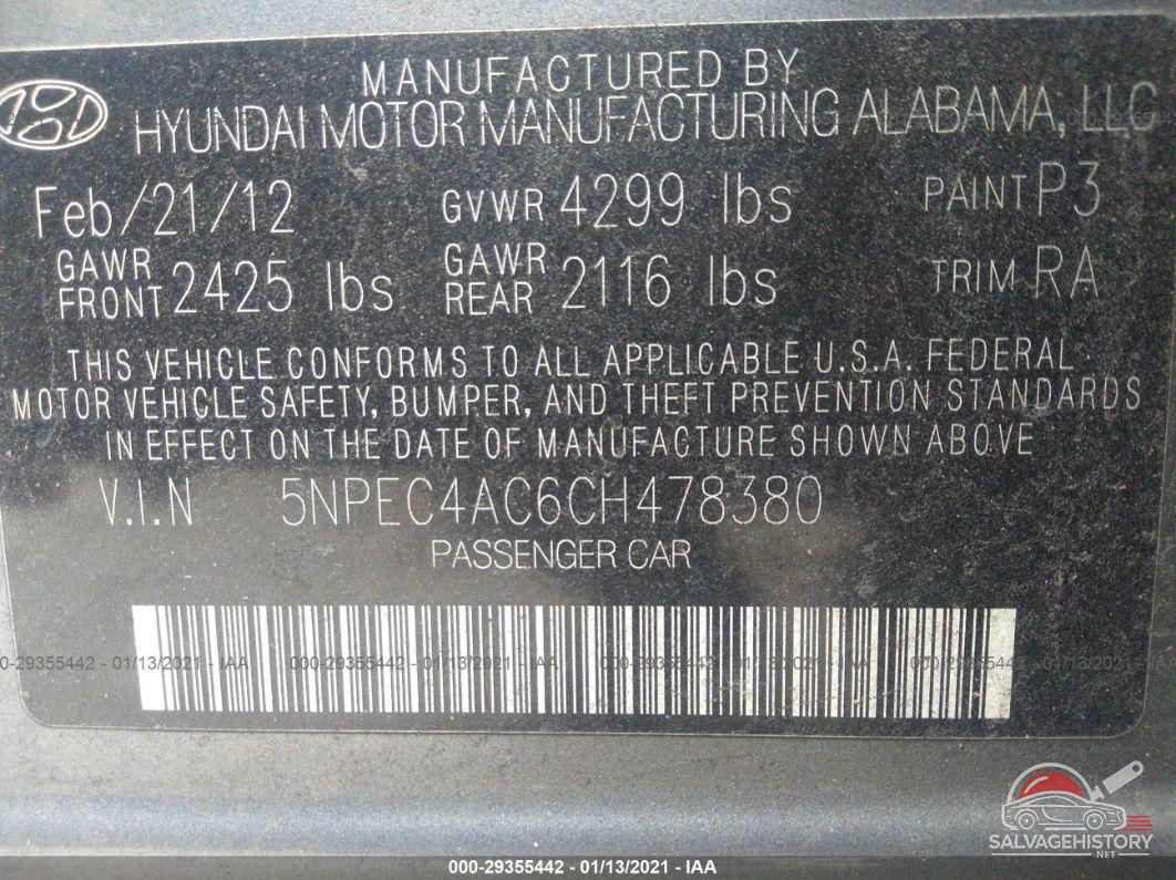 5NPEC4AC6CH478380 2012 HYUNDAI SONATA photo no. 9
