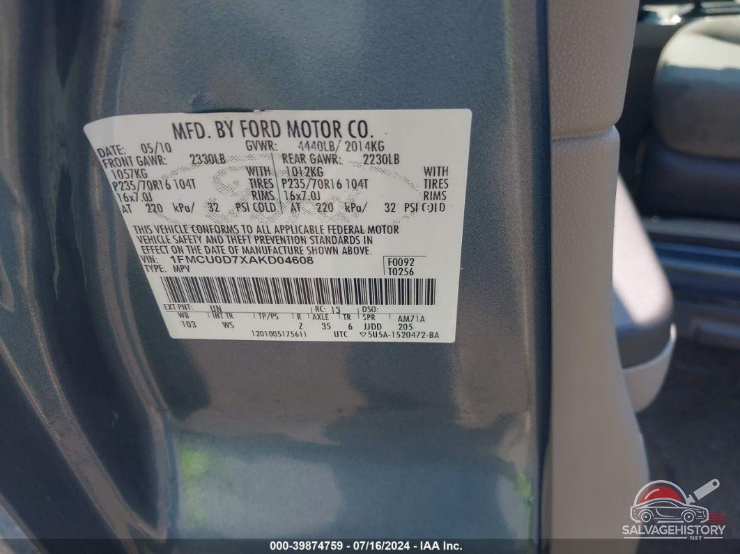 1FMCU0D7XAKD04608 2010 FORD ESCAPE photo no. 9