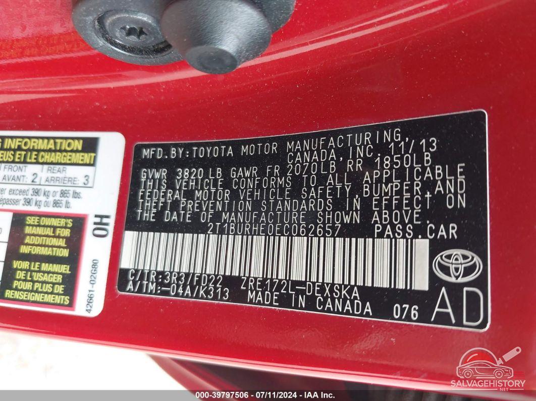 2T1BURHE0EC062657 2014 TOYOTA COROLLA photo no. 9