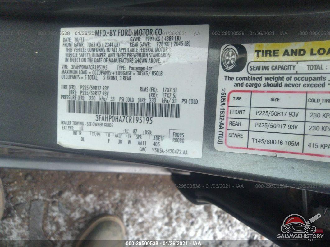 3FAHP0HA7CR195195 2012 FORD FUSION photo no. 9
