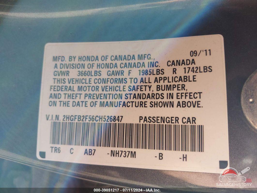 2HGFB2F56CH526847 2012 HONDA CIVIC photo no. 9