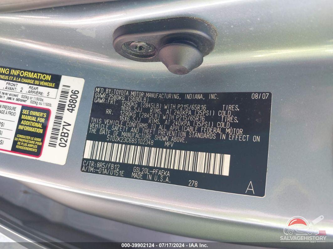 5TDZK23C68S102348 2008 TOYOTA SIENNA photo no. 9