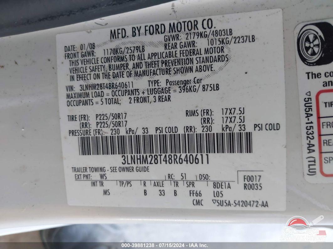 3LNHM28T48R640611 2008 LINCOLN MKZ photo no. 9