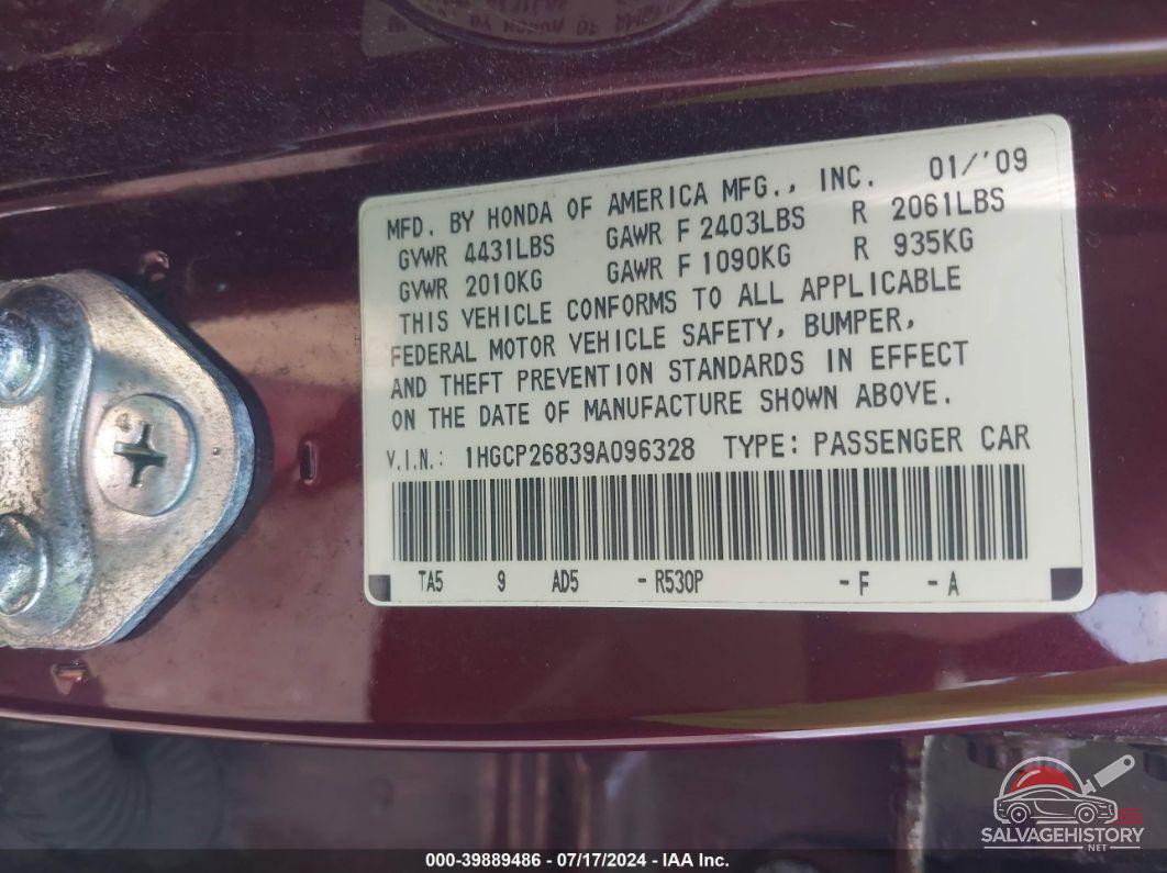 1HGCP26839A096328 2009 HONDA ACCORD photo no. 9