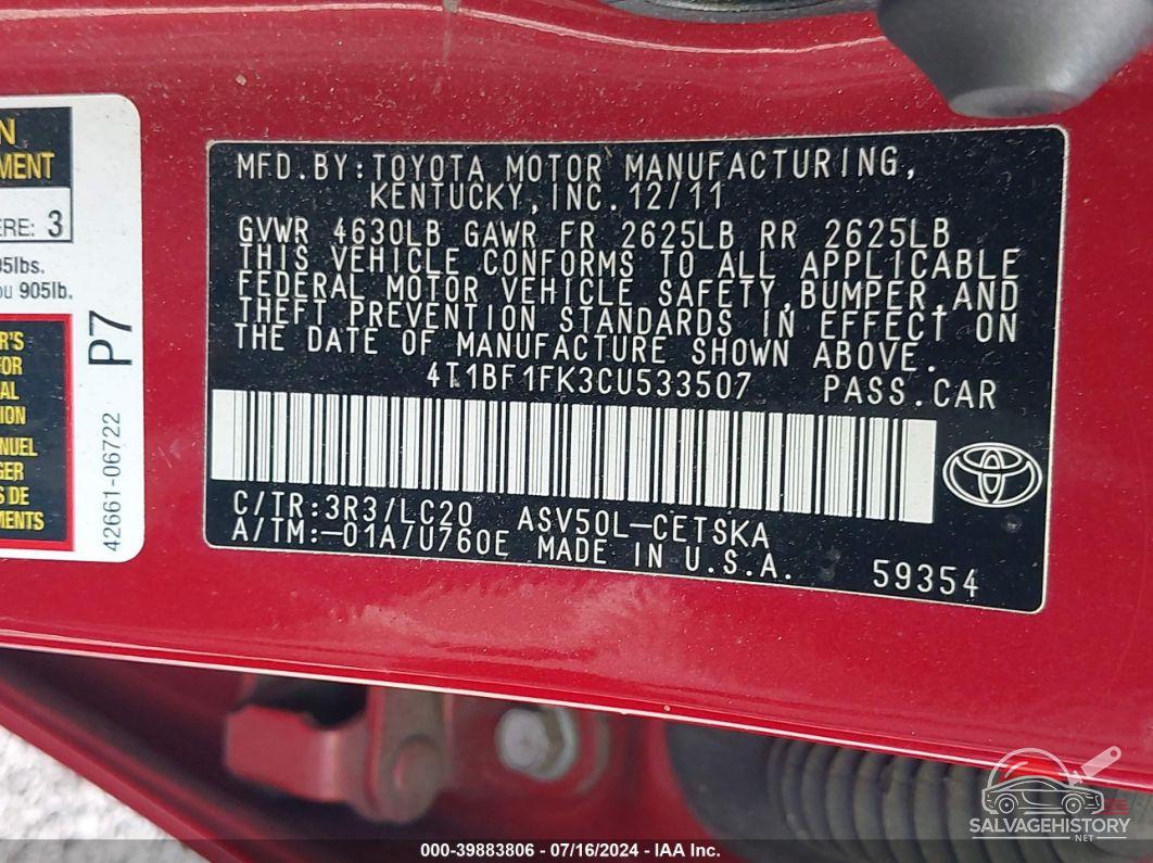 4T1BF1FK3CU533507 2012 TOYOTA CAMRY photo no. 9