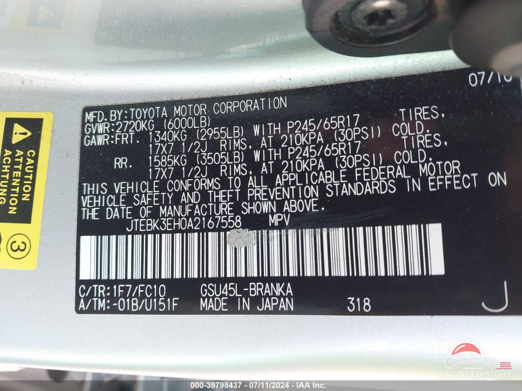 JTEBK3EH0A2167558 2010 TOYOTA HIGHLANDER photo no. 9