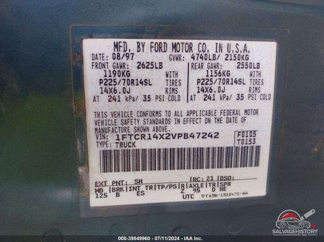 1FTCR14X2VPB47242 1997 FORD RANGER photo no. 9
