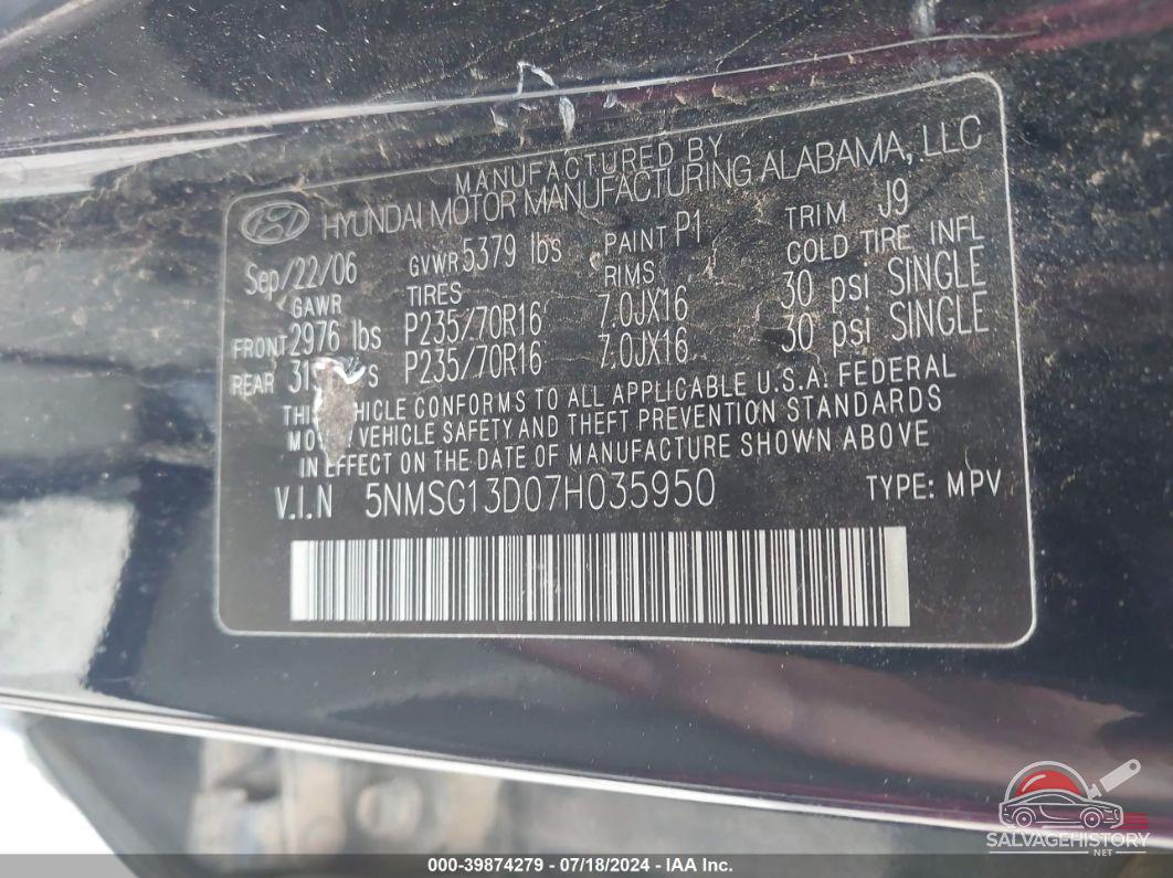 5NMSG13D07H035950 2007 HYUNDAI SANTA FE photo no. 9