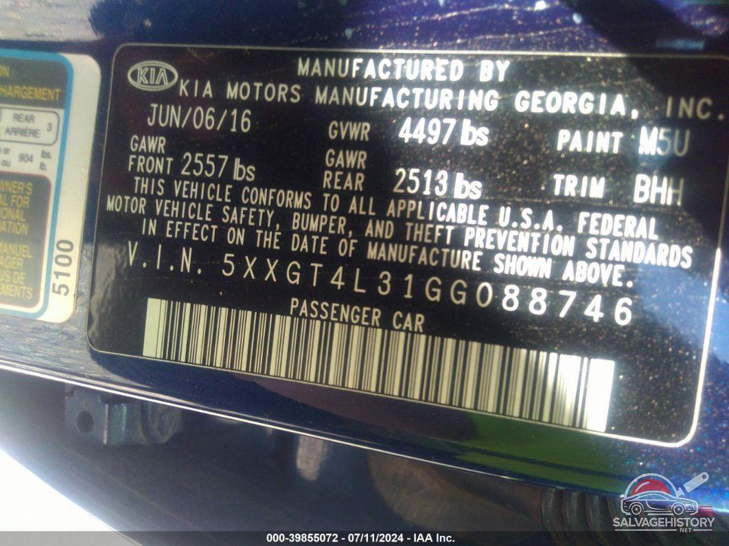 5XXGT4L31GG088746 2016 KIA OPTIMA photo no. 9