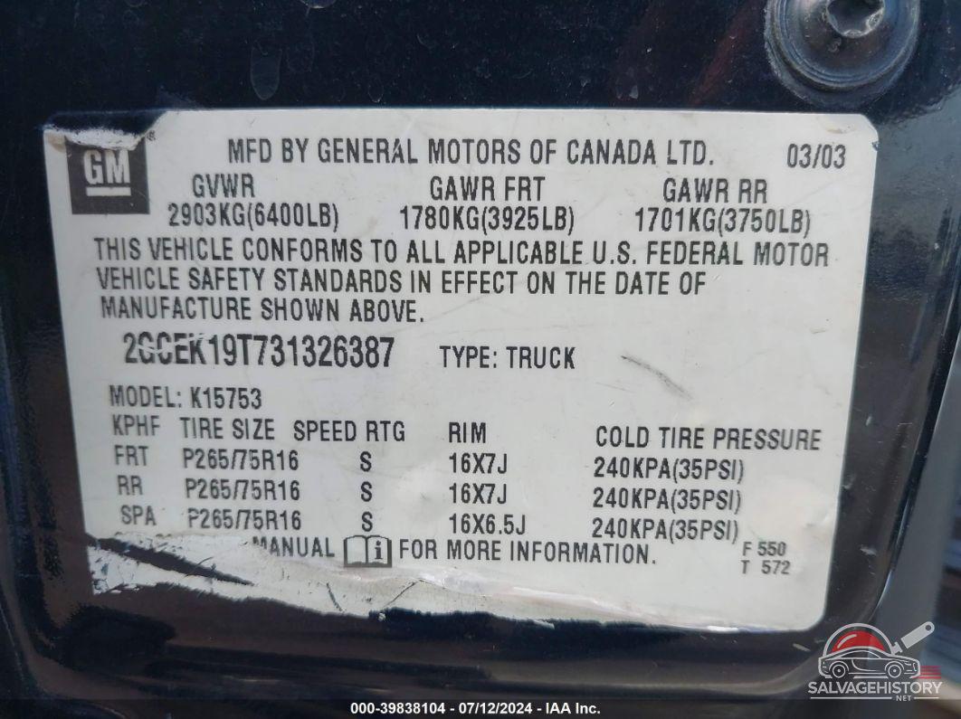 2GCEK19T731326387 2003 CHEVROLET SILVERADO 1500 photo no. 9