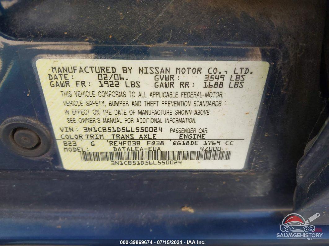 3N1CB51D56L550024 2006 NISSAN SENTRA photo no. 9