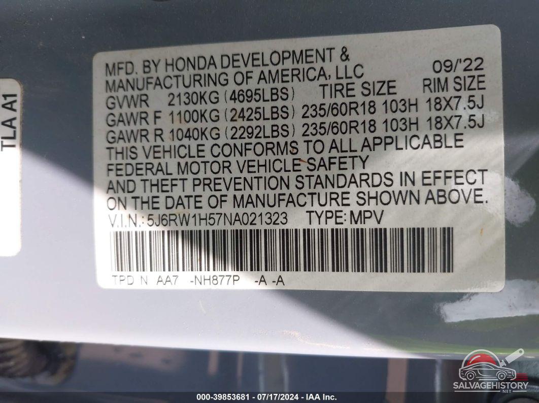 5J6RW1H57NA021323 2022 HONDA CR-V photo no. 9