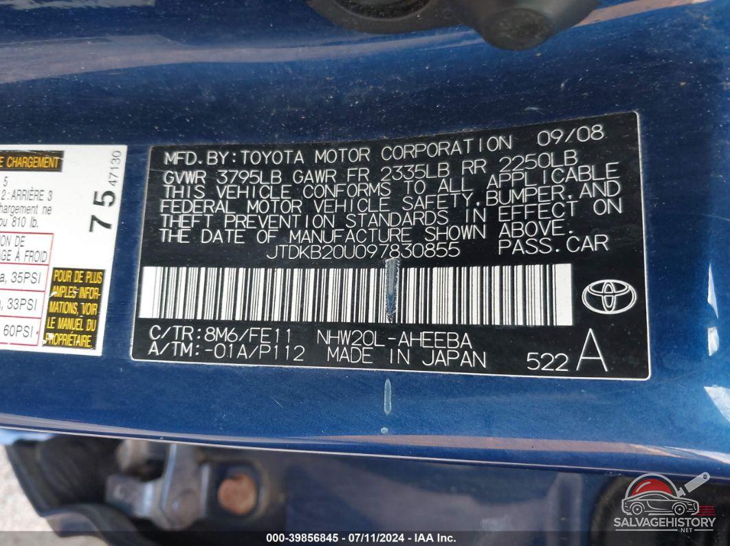 JTDKB20U097830855 2009 TOYOTA PRIUS photo no. 9