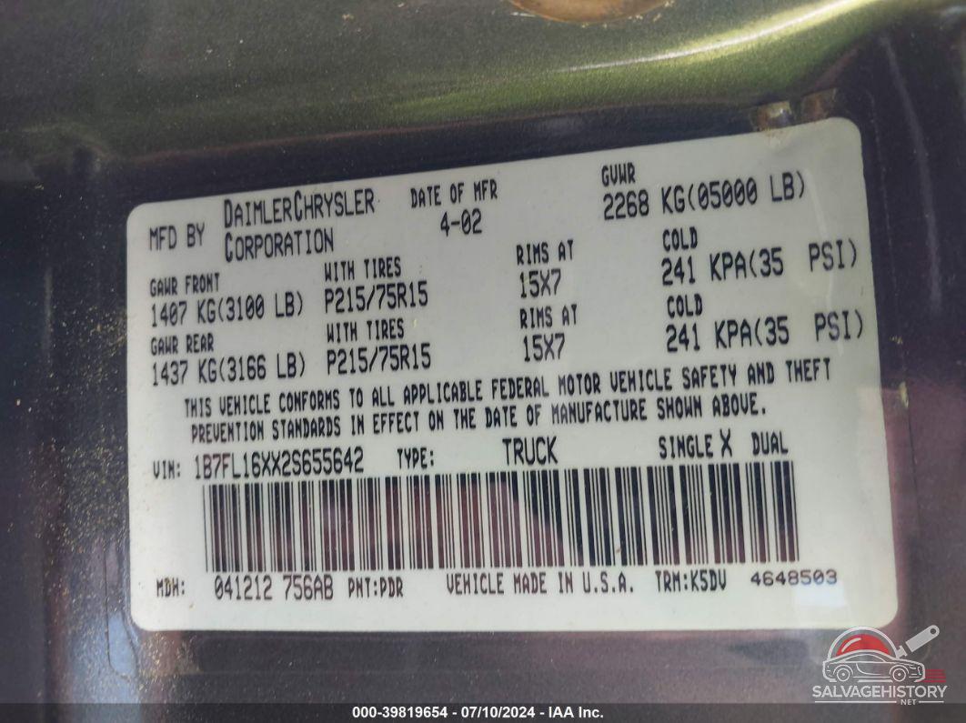 1B7FL16XX2S655642 2002 DODGE DAKOTA photo no. 9