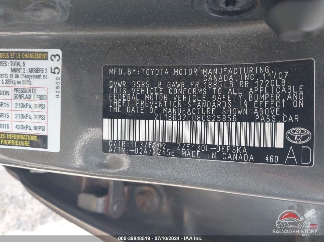 2T1BR32E08C925856 2008 TOYOTA COROLLA photo no. 9