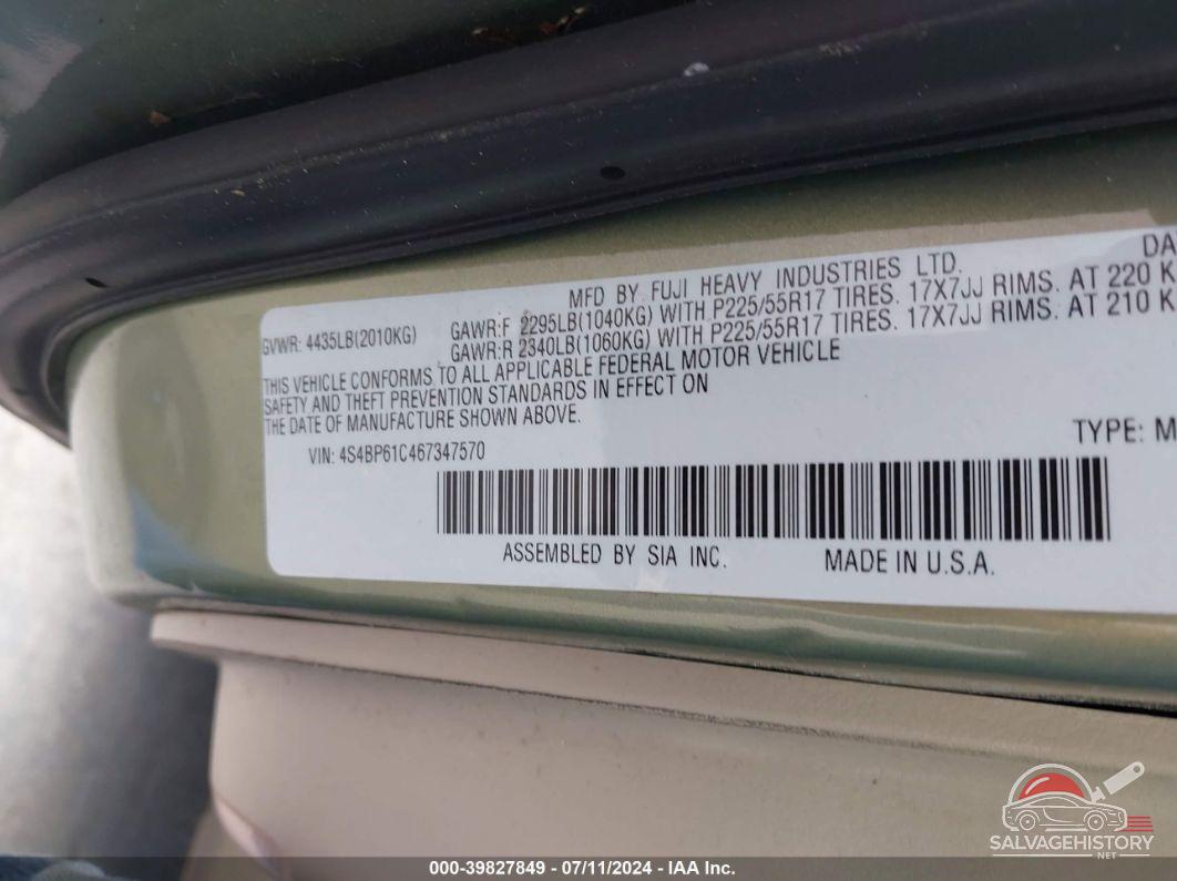 4S4BP61C467347570 2006 SUBARU OUTBACK photo no. 9