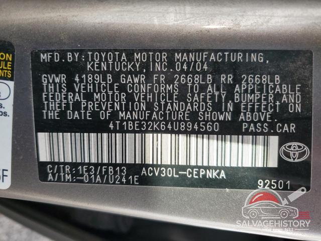 4T1BE32K64U894560 2004 TOYOTA CAMRY photo no. 12