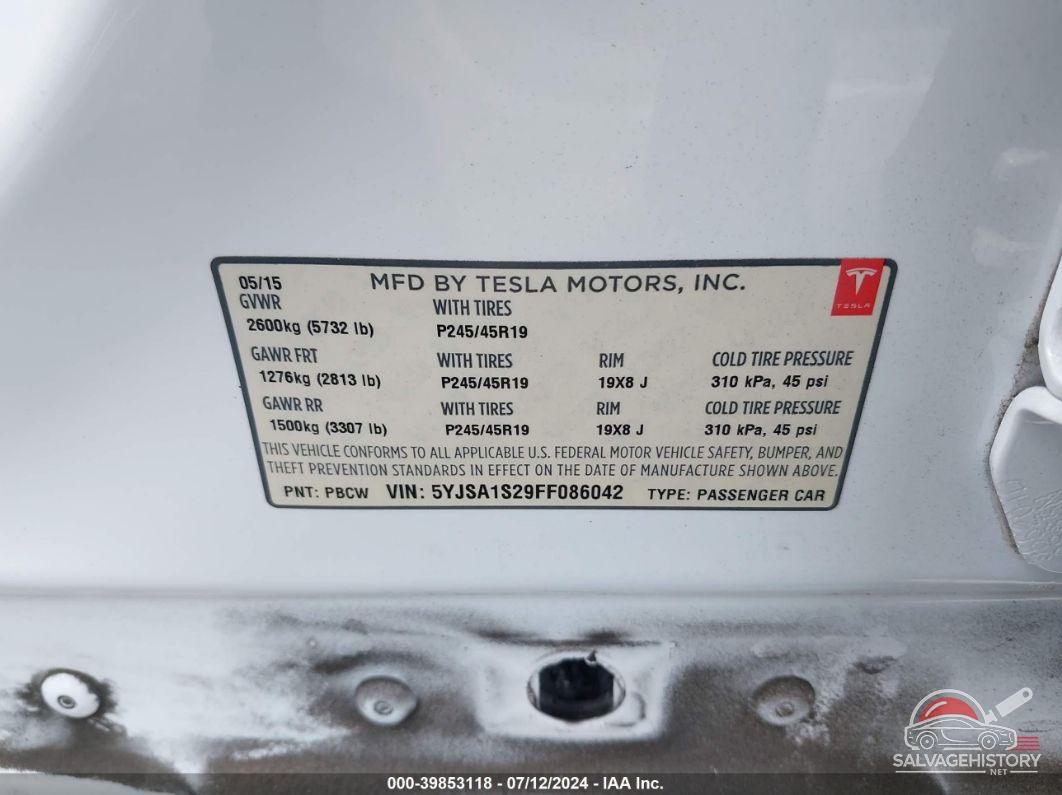 5YJSA1S29FF086042 2015 TESLA MODEL S photo no. 9