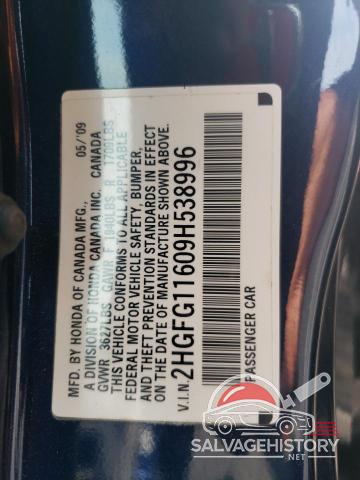 2HGFG11609H538996 2009 HONDA CIVIC photo no. 12