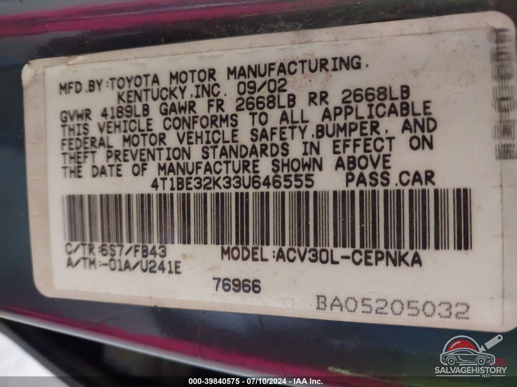 4T1BE32K33U646555 2003 TOYOTA CAMRY photo no. 9